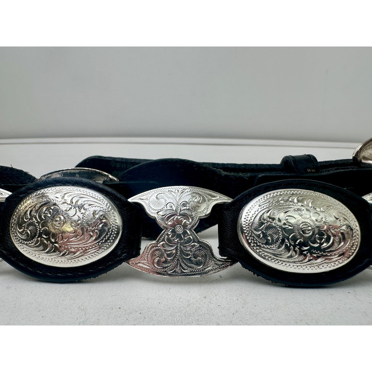 Vintage Tony Lama Black Leather/Silver Tone Western Concho Belt Sz 34