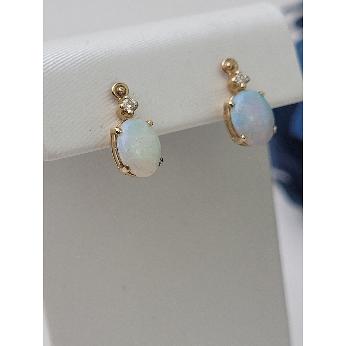 14K Gold Natural Opal & Diamond Earrings w Screw Back | 2.12 grams