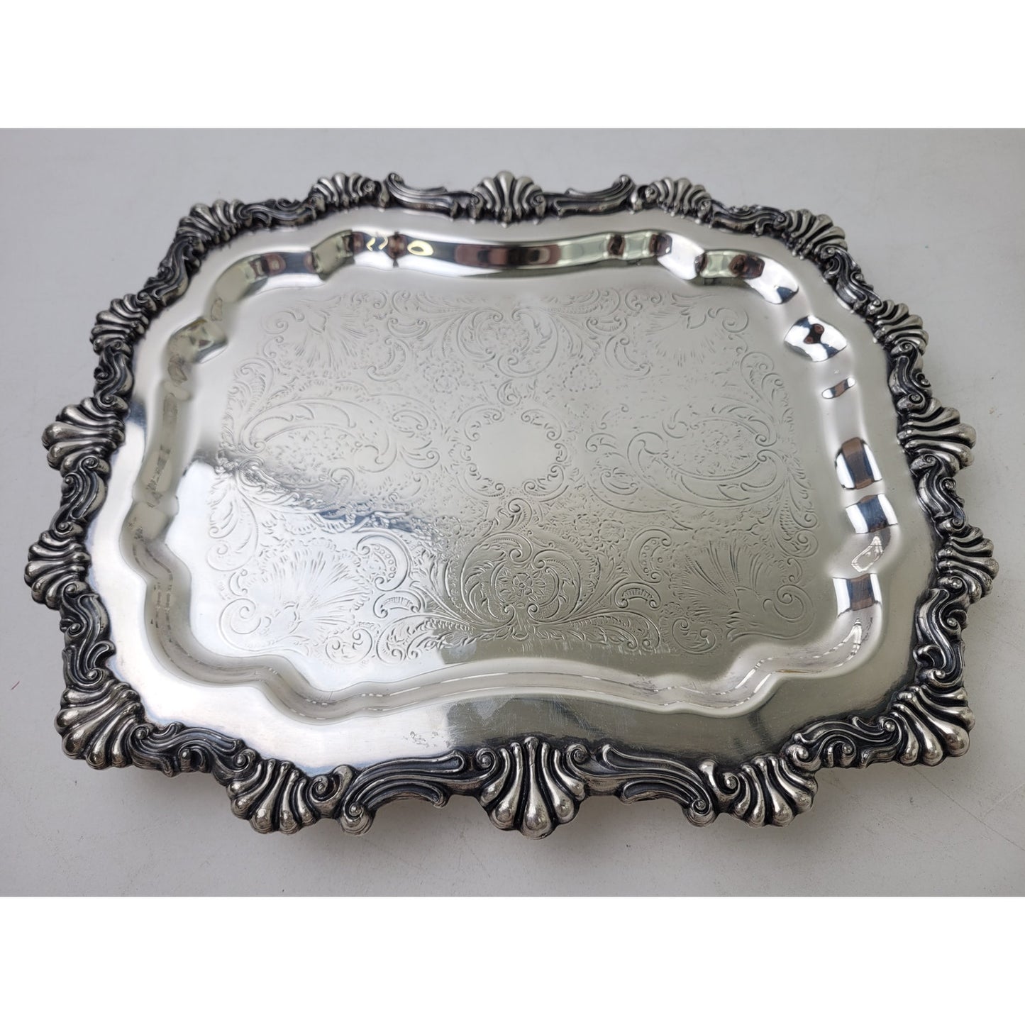 Vintage F.B. Rogers 6720 Silver Plate on Copper Footed Tray Scalloped 14" x 11"