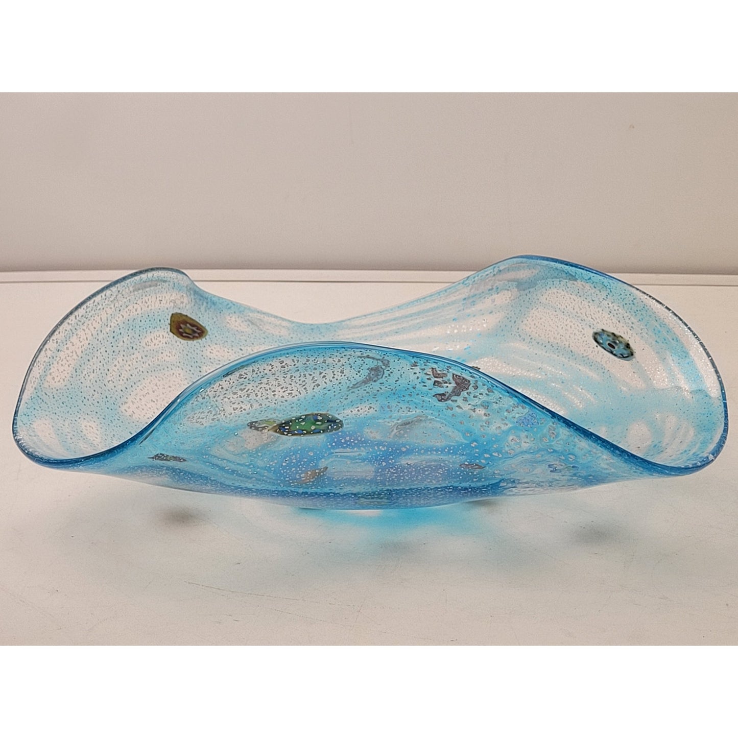 VTG Murano Glass Art Wavy Glass Bowl Light Blue Multicolored 12 1/2"x12 1/2"