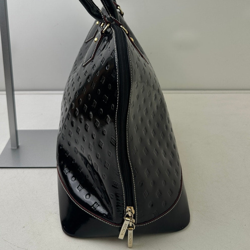 Arcadia Italy Black Patent Leather Leather Embossed Logo Dome Satchel Bag