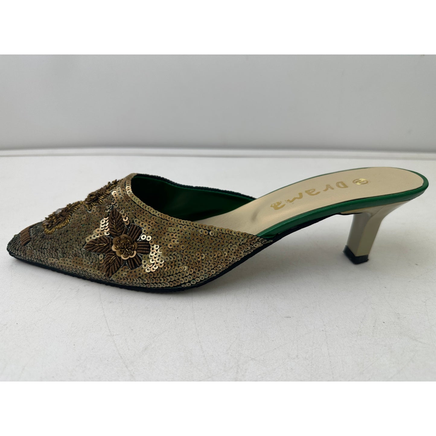 Drama Vintage Gold Beaded Sequin Kitten Heel Mules Women's Sz 9