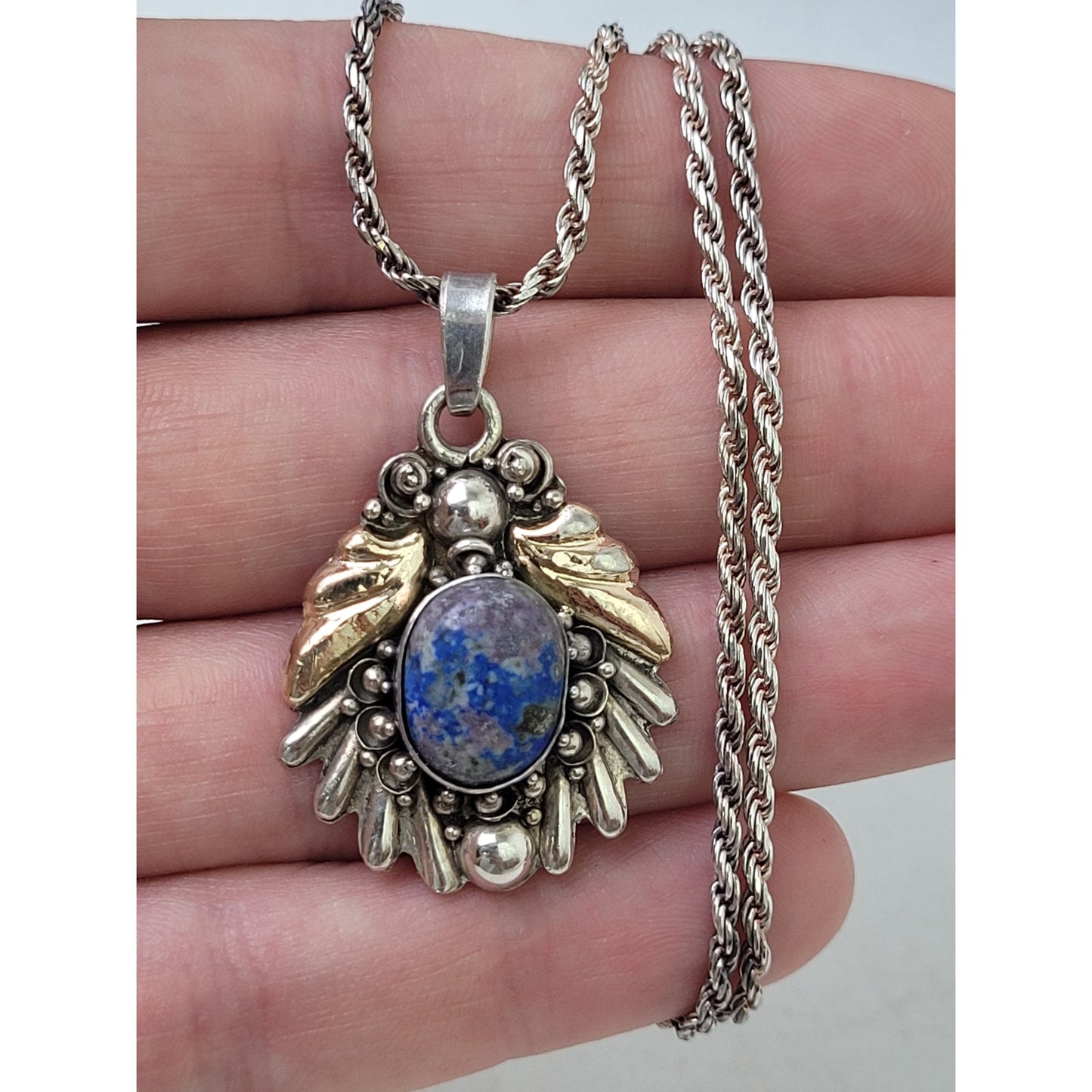 Vintage Sterling Silver Lapis Lazuli Stone Pendant w Matching 925 20" Rope Chain