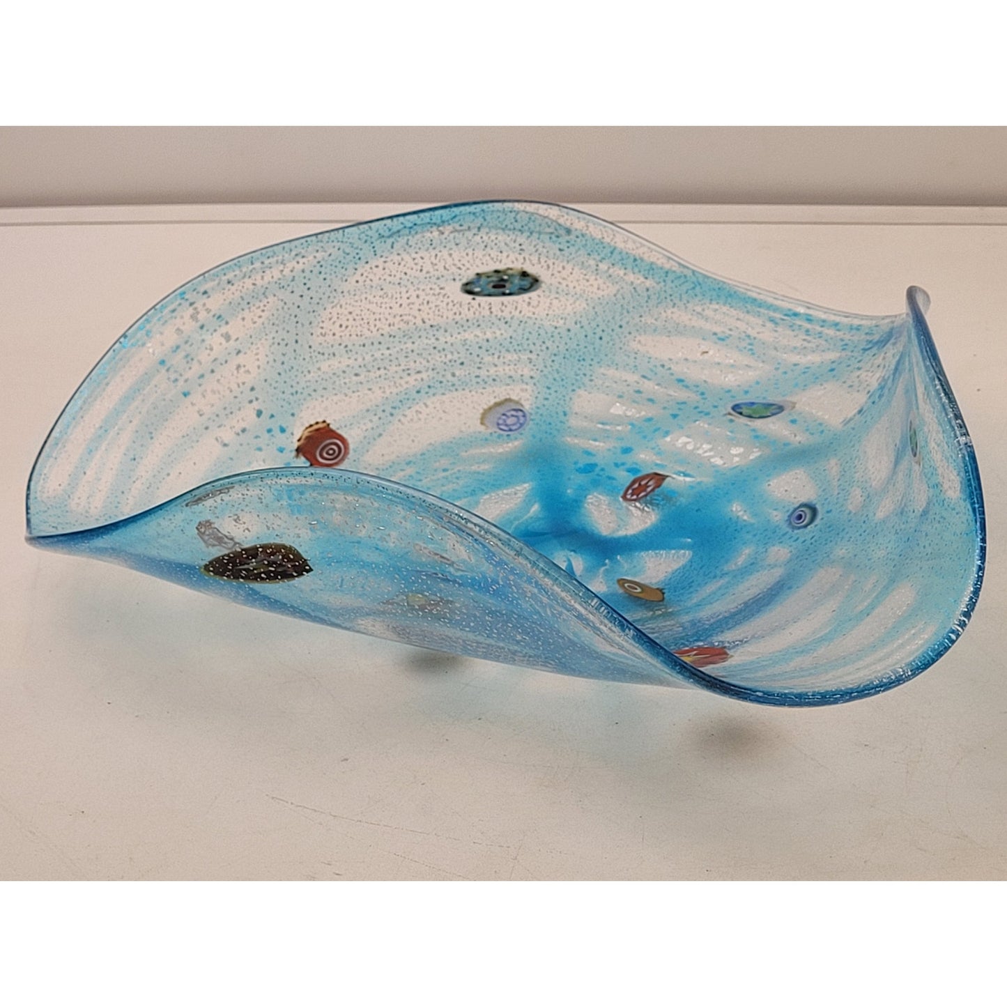VTG Murano Glass Art Wavy Glass Bowl Light Blue Multicolored 12 1/2"x12 1/2"