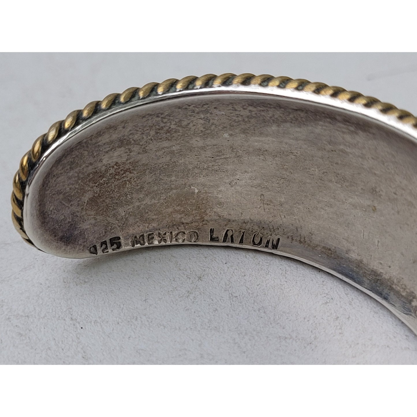 Vintage Thick 925 Sterling Silver Cuff Bracelet w Brass Braided Trim Small Wrist