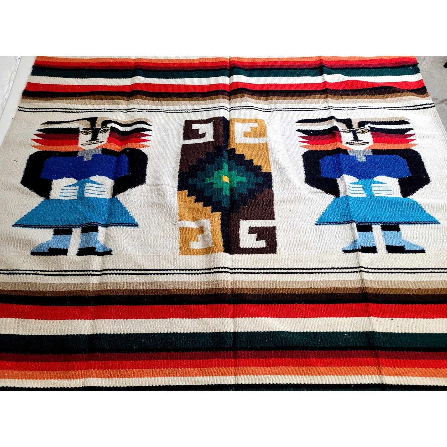 Large Vintage Mexican Woven Wool Serape/Blanket/Tapestry with Fringe