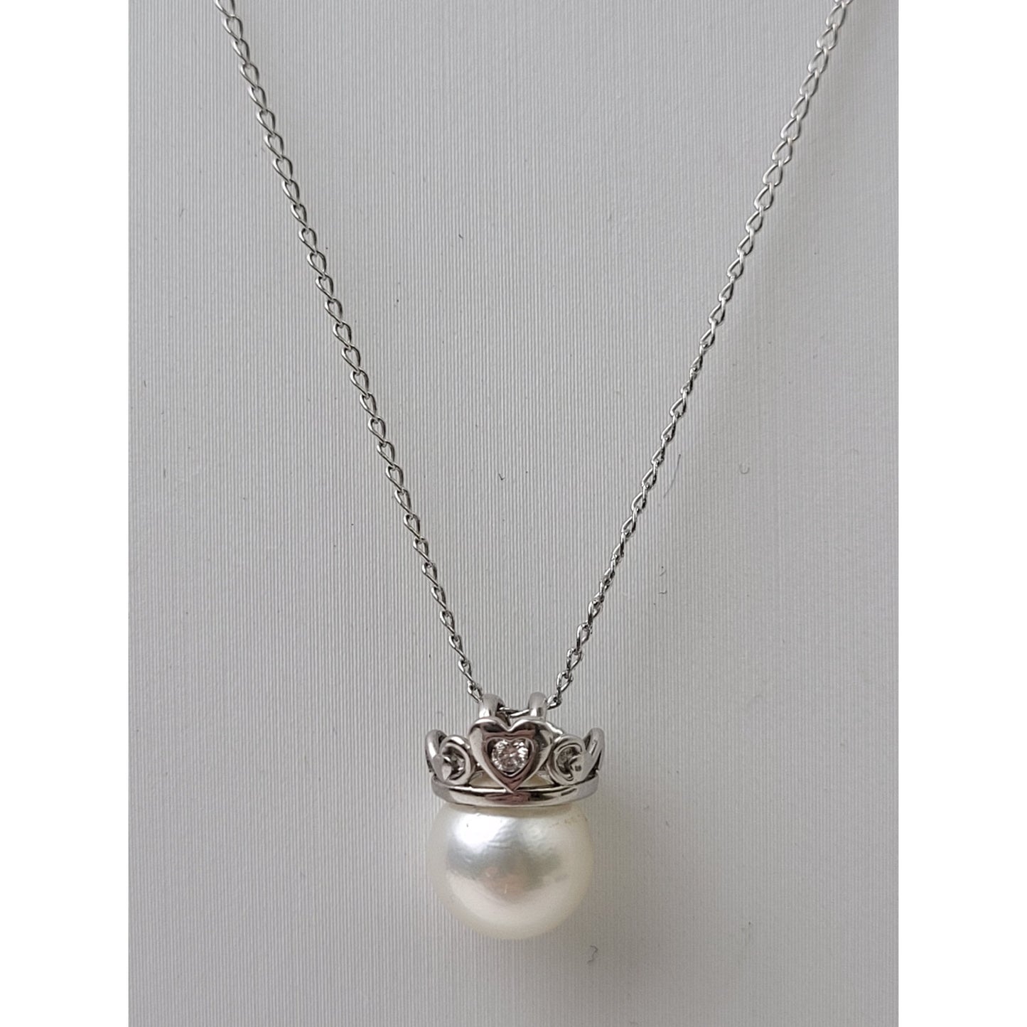 14K White Gold Pearl & Diamond Charm Pendant on 14K White Gold 16" Chain