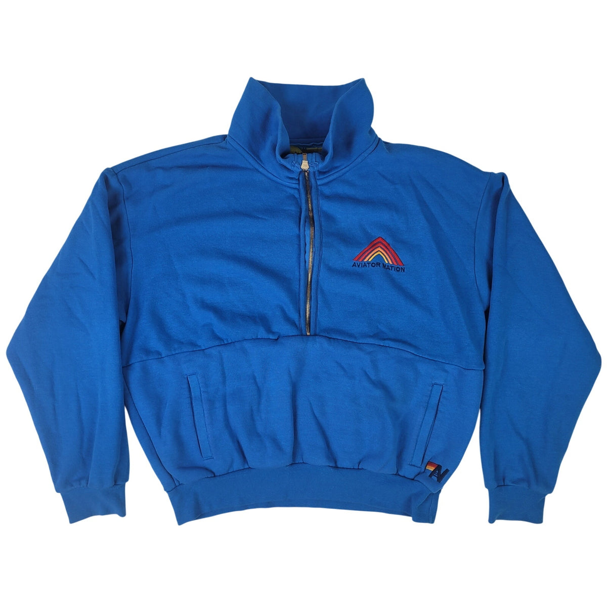 Aviator Nation Mountain Embroidery Half Zip Sweatshirt Ocean Blue Sz M