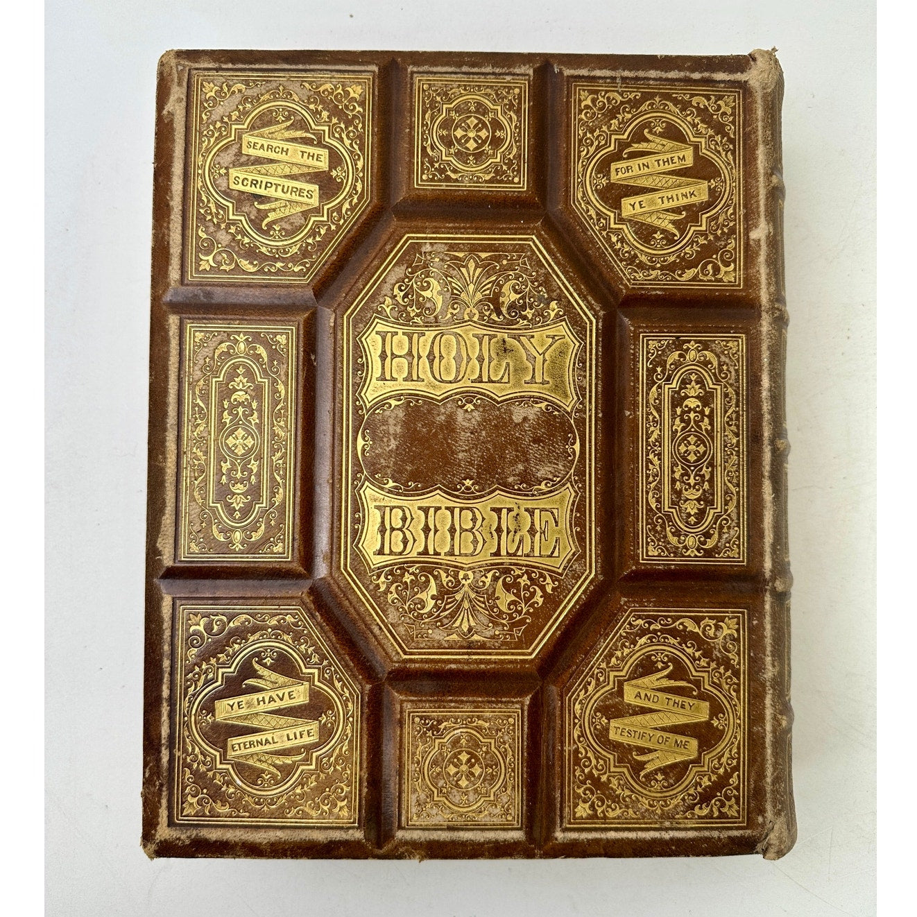 Antique 1870s Leather Pictorial Family Bible Gilt Embossed John 5:39 Cover Folio
