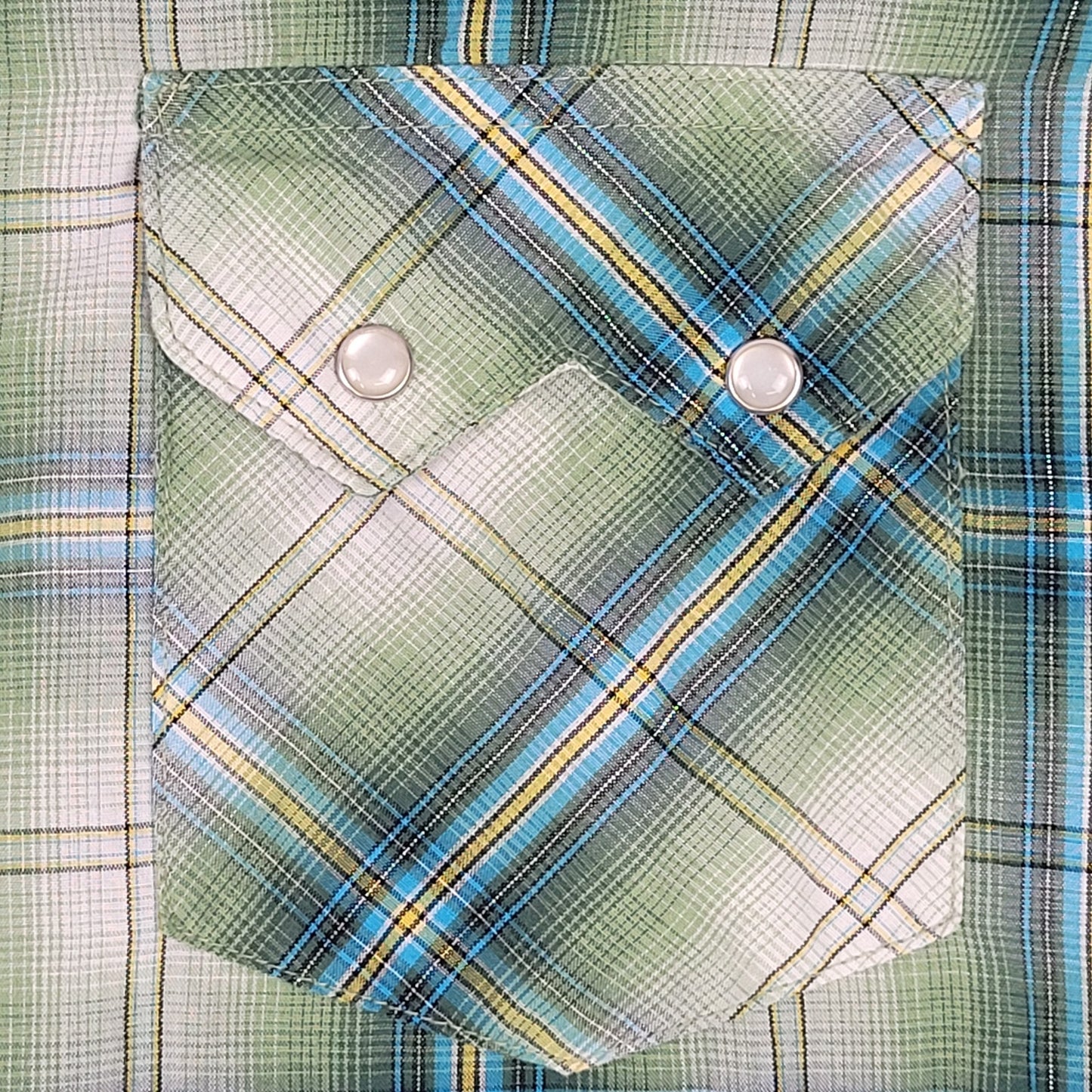 Vintage Wrangler Pearl Snap Green Metallic Plaid Shirt Men's Sz XL