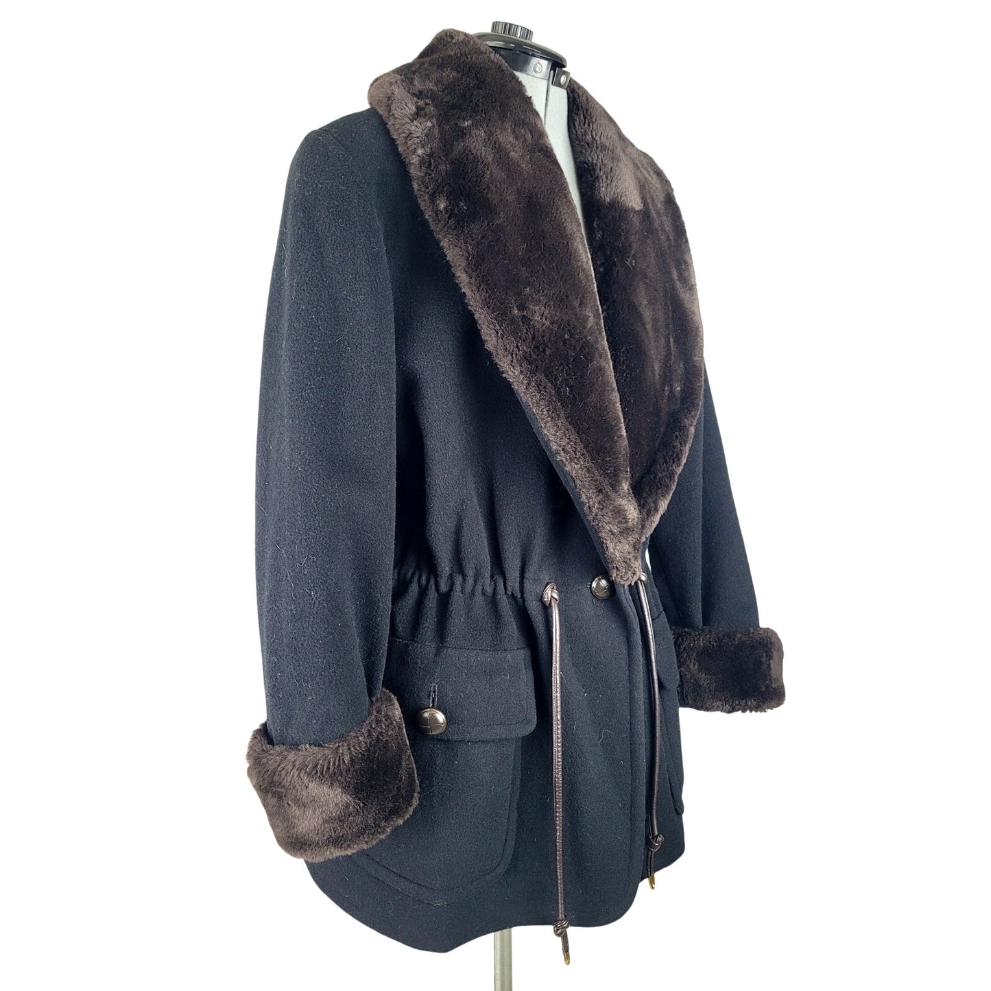 Vintage Anne Klein II Black Wool Faux Fur Trim Coat Women's Sz M