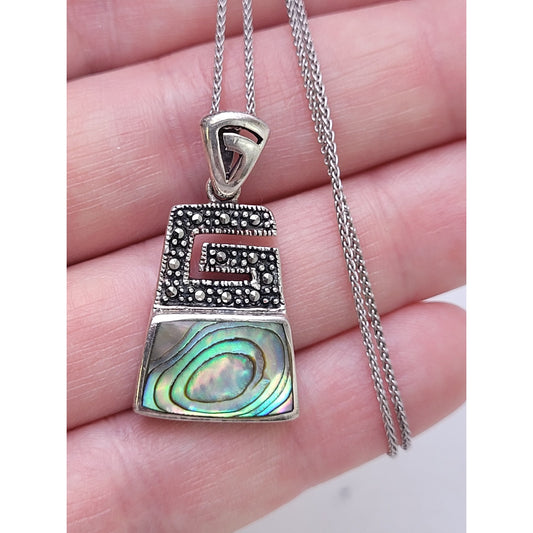 Sterling Silver Abalone Shell Black Marcasite 30mm Pendent Adjustable 925 Chain