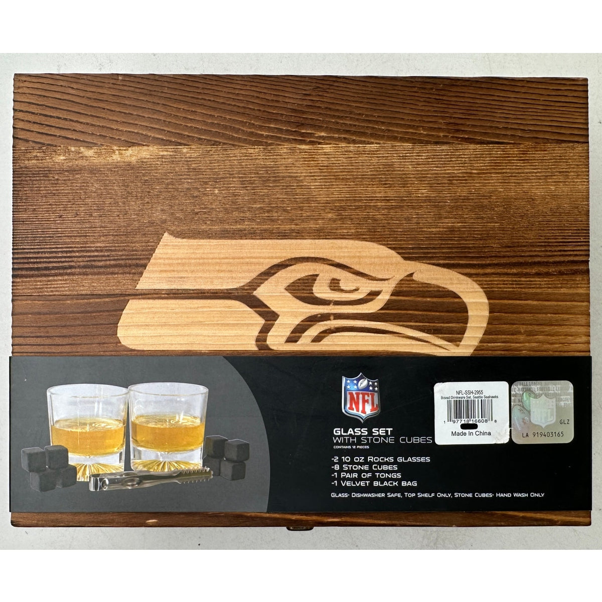 NFL Seattle Seahawks Wood Boxed Glass Set W/ Stone Cubes | NEW
