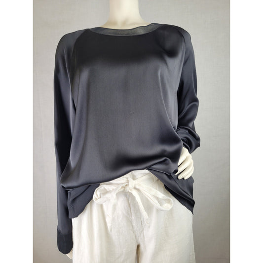 Vince Satin Blouse Sleek Band Collar Raglan Long Sleeves Women's Sz L
