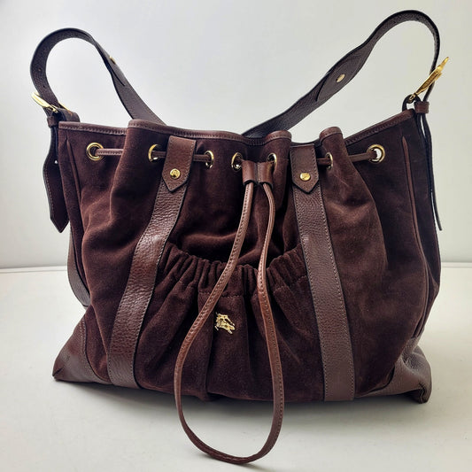 Burberry Suede & Leather Drawstring Hobo Shoulder Bag in Brown EUC MSRP $740