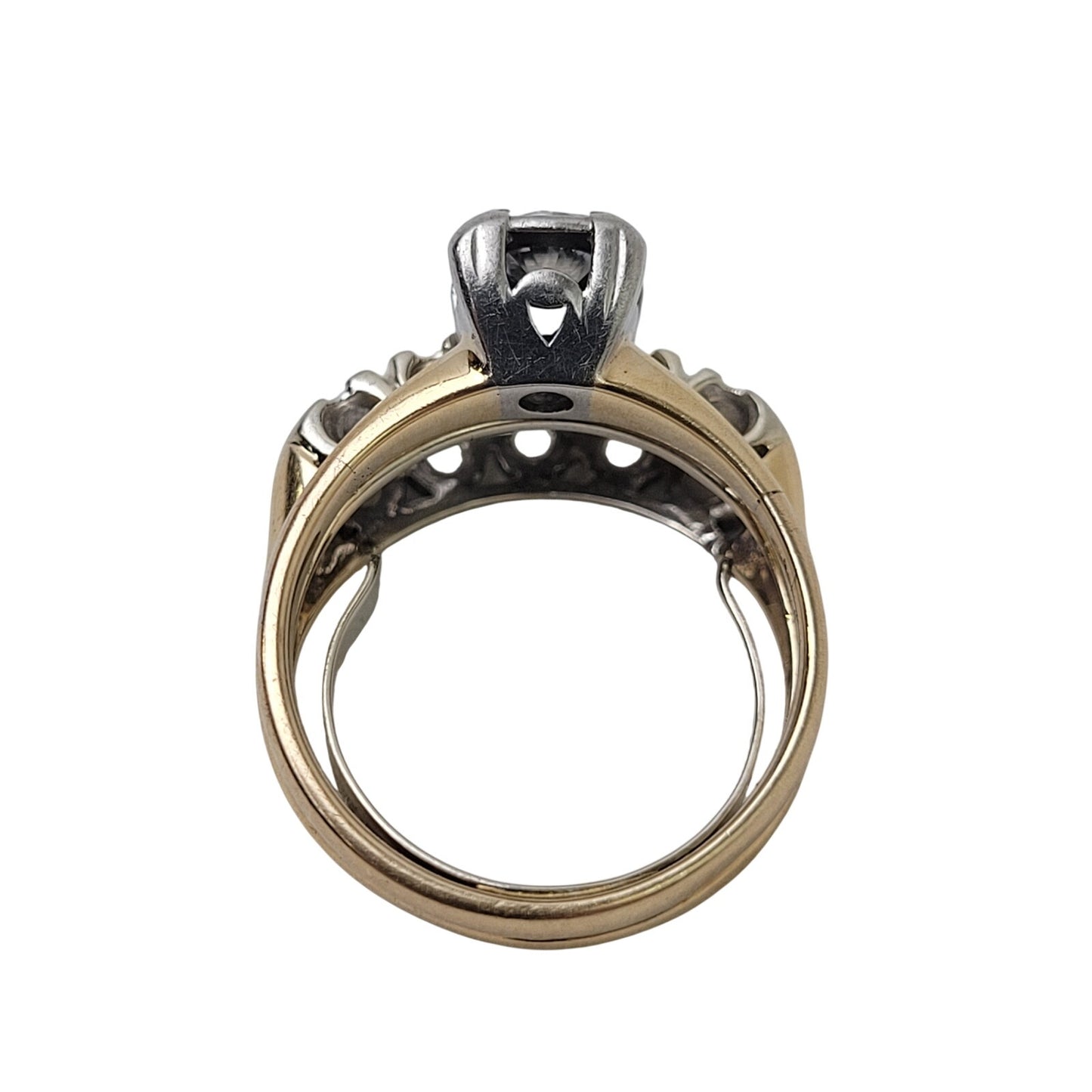 Vintage 14K Yellow & White Gold 5mm Round Diamond Engagement & Wedding Ring Set