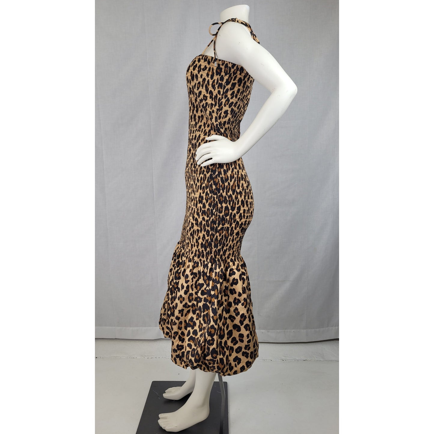 SIMONMILLER Canto Smocked Poplin Dress in Leopard Print Adustable Straps Sz S