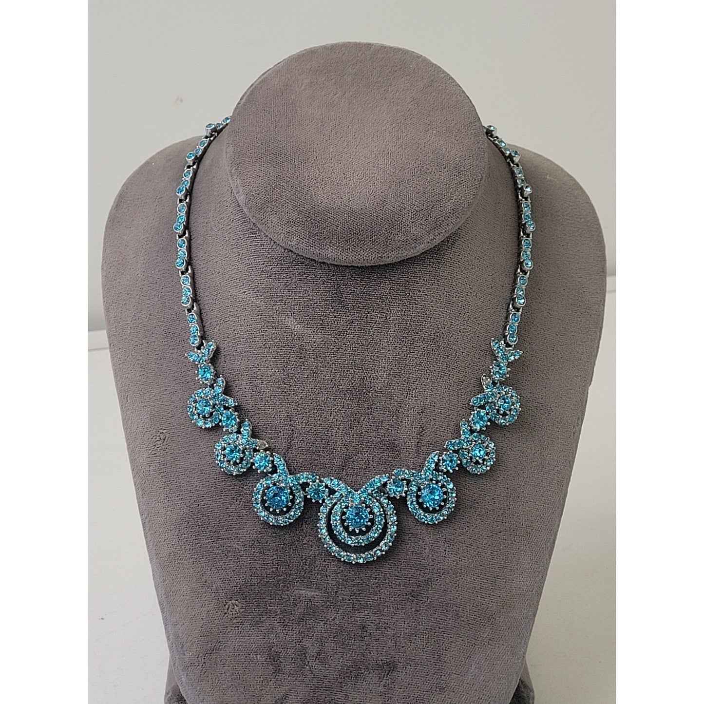 Vintage 1950s ORA Blue Rhinestone Necklace, Bracelet, & Earrings Set