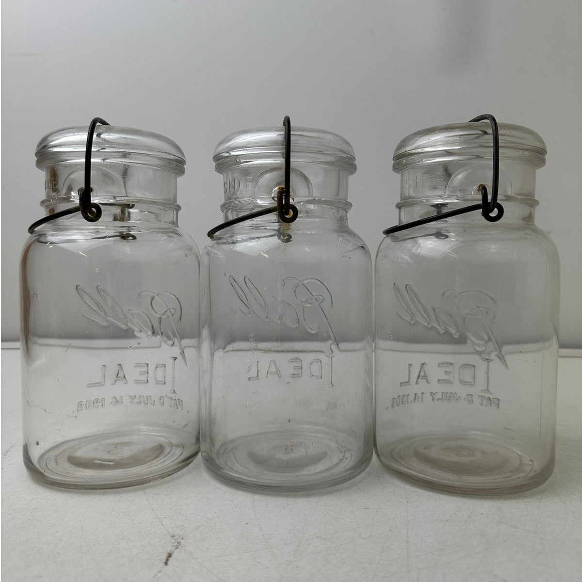 3 Vintage Ball Ideal Clear Glass Quart Mason Jars with Wire Bail Lids