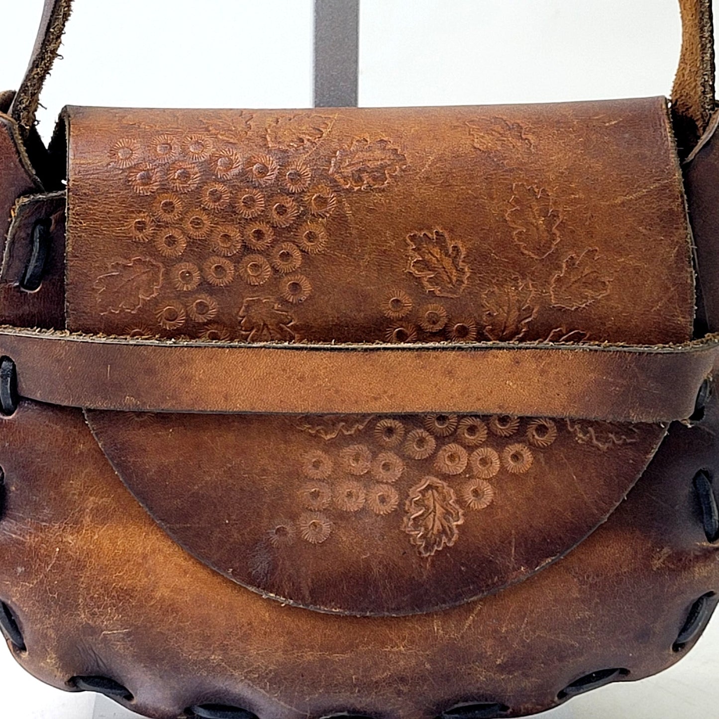 1970s Handmade Tooled Leather Brown Mini Messenger Bag