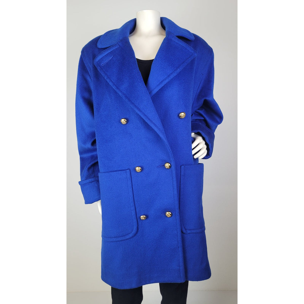Vintage 1980s Cobalt Blue Double-Breasted Wool Overcoat Gold-Tone Buttons Sz M/L