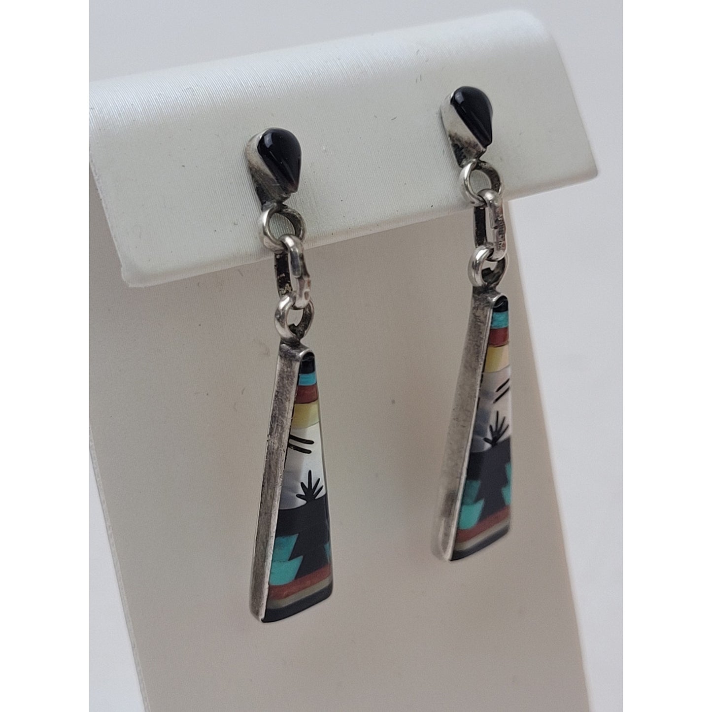Handmade Native American Zuni Sterling Silver Earrings Multi-Stone Inlay