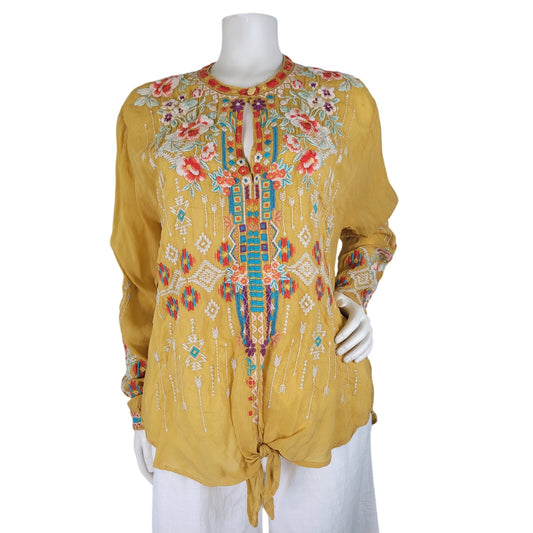 Johnny Was Donya Top Featuring Intricate Embroidery Detail & Tie-Front Sz M