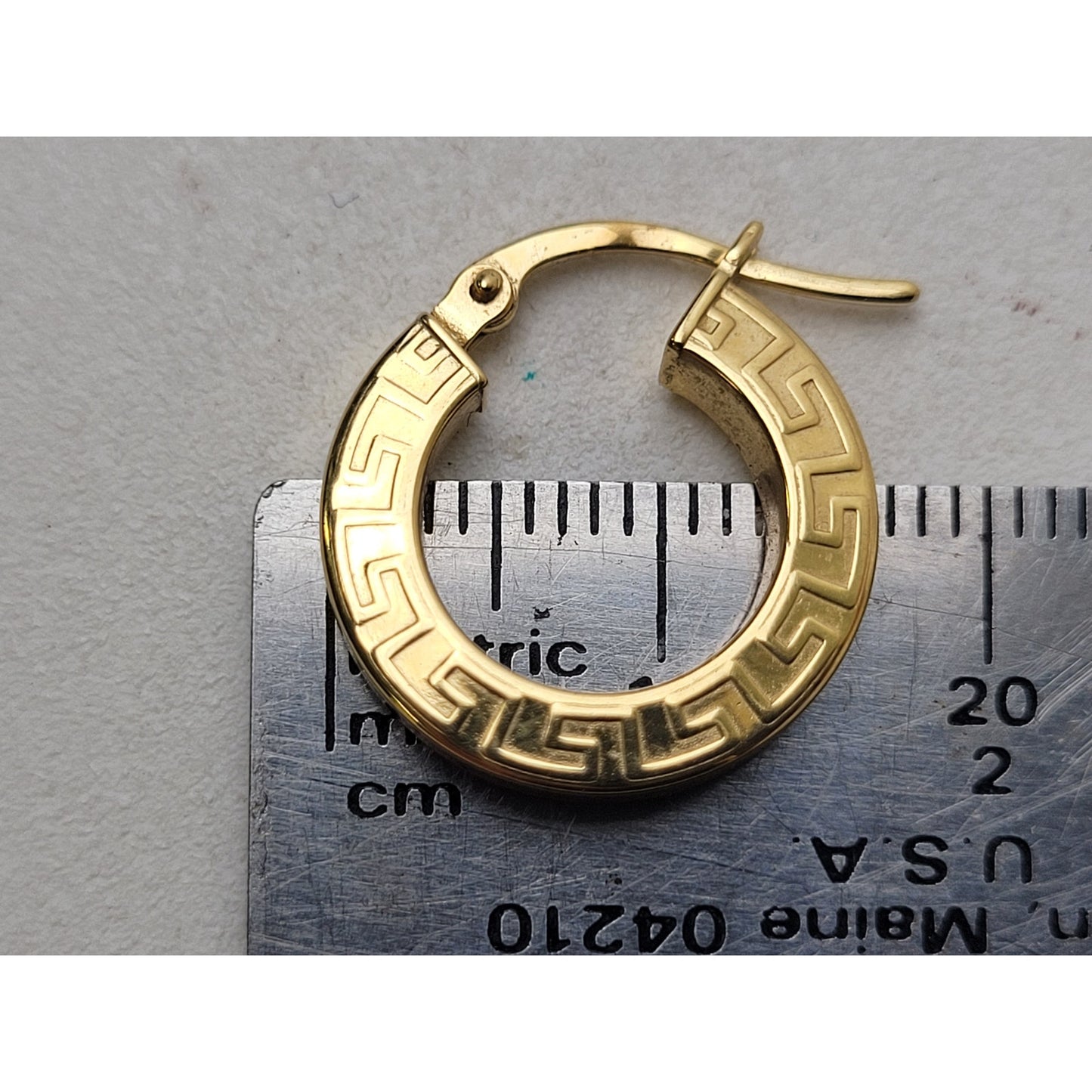 18K Yellow Gold Greek Key Huggie Hoop Earrings Made in Italy | 15mm | 1.61 Grams