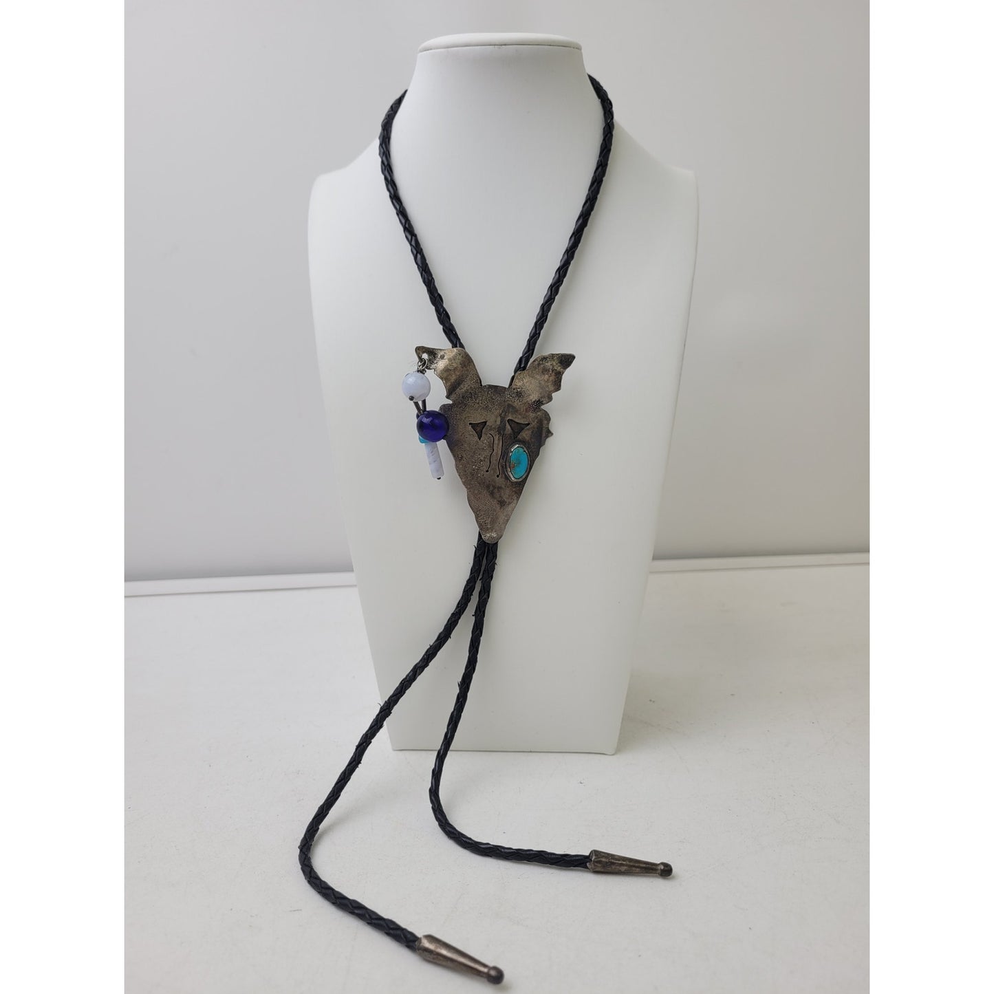 VTG Handmade Sterling Silver Bolo Tie Animal Head w Turquoise & Beaded Accents