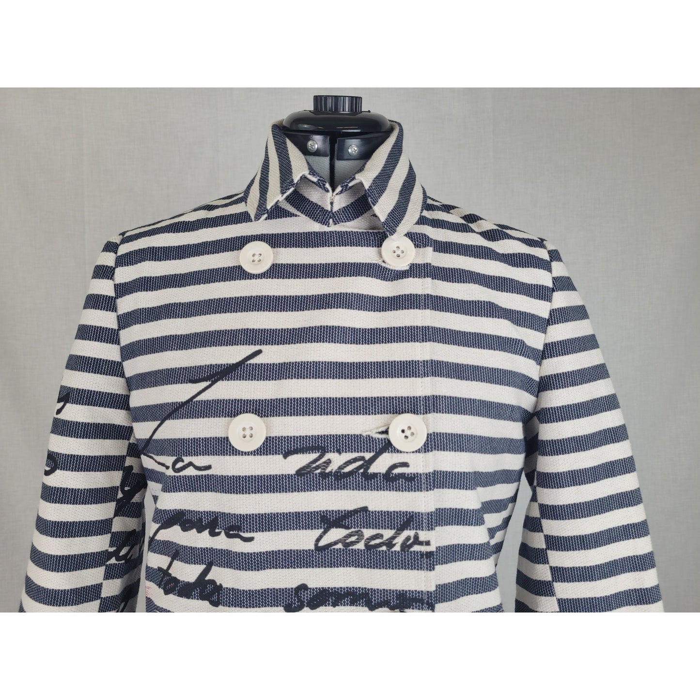 Desigual Mencia Blue & White Striped Double Breasted Blazer Floral Print Sz 38