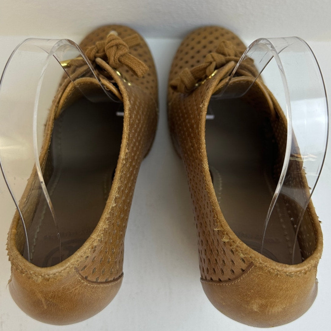 Tory Burch Camel Perforated Leather Victor Lace-Up Wedge Booties Women's Sz 9