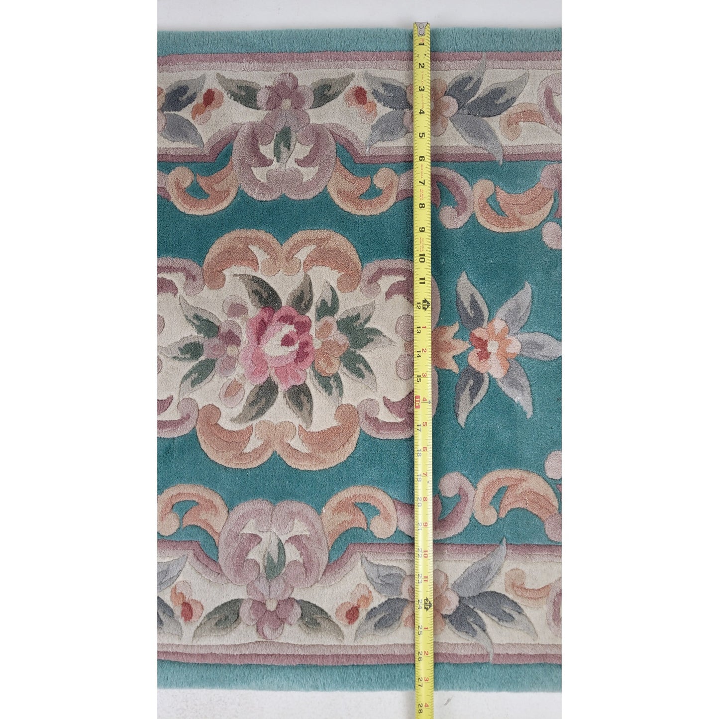 Vintage Aubusson-Style Wool Rug Green w Pink Floral Scrollwork 56" x 27"