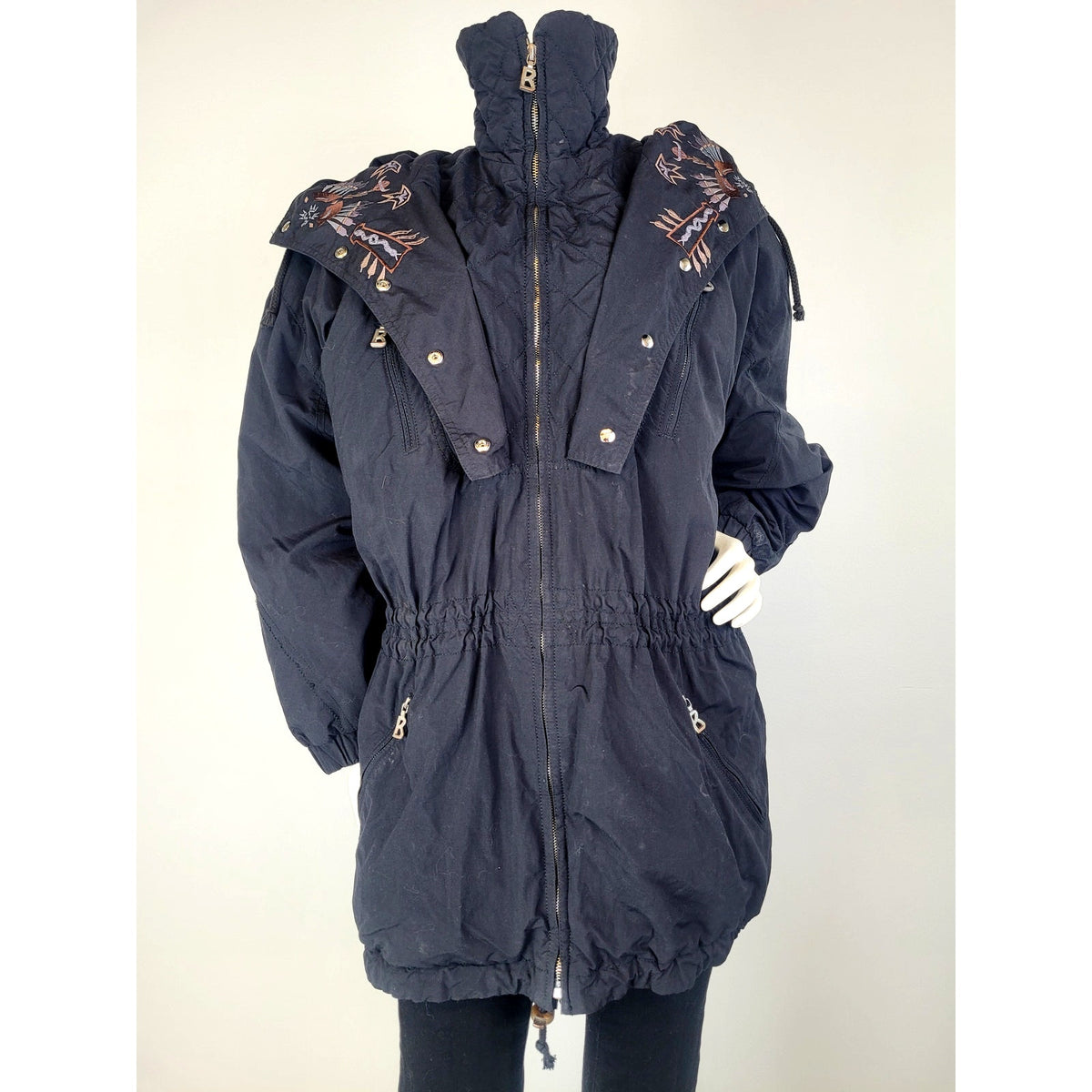 Vintage Bogner Black Ski Parka Coat w Southwestern Embroidery Women's Sz 8 (M)
