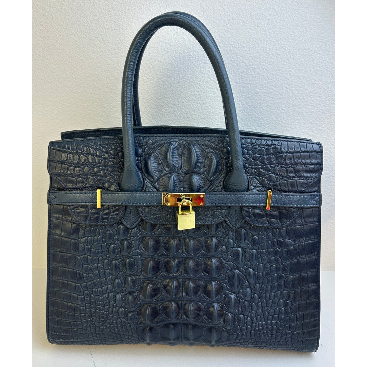 PIJUSHI Dark Blue Crocodile-Embossed Leather Satchel Bag with Gold Hardware