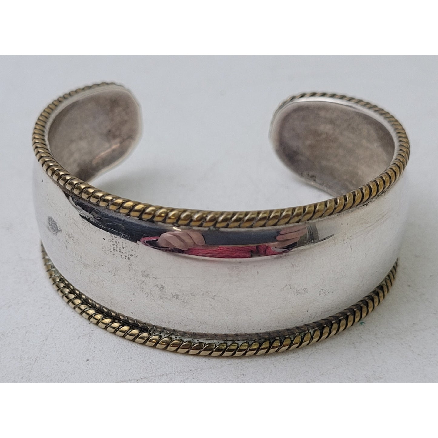 Vintage Thick 925 Sterling Silver Cuff Bracelet w Brass Braided Trim Small Wrist