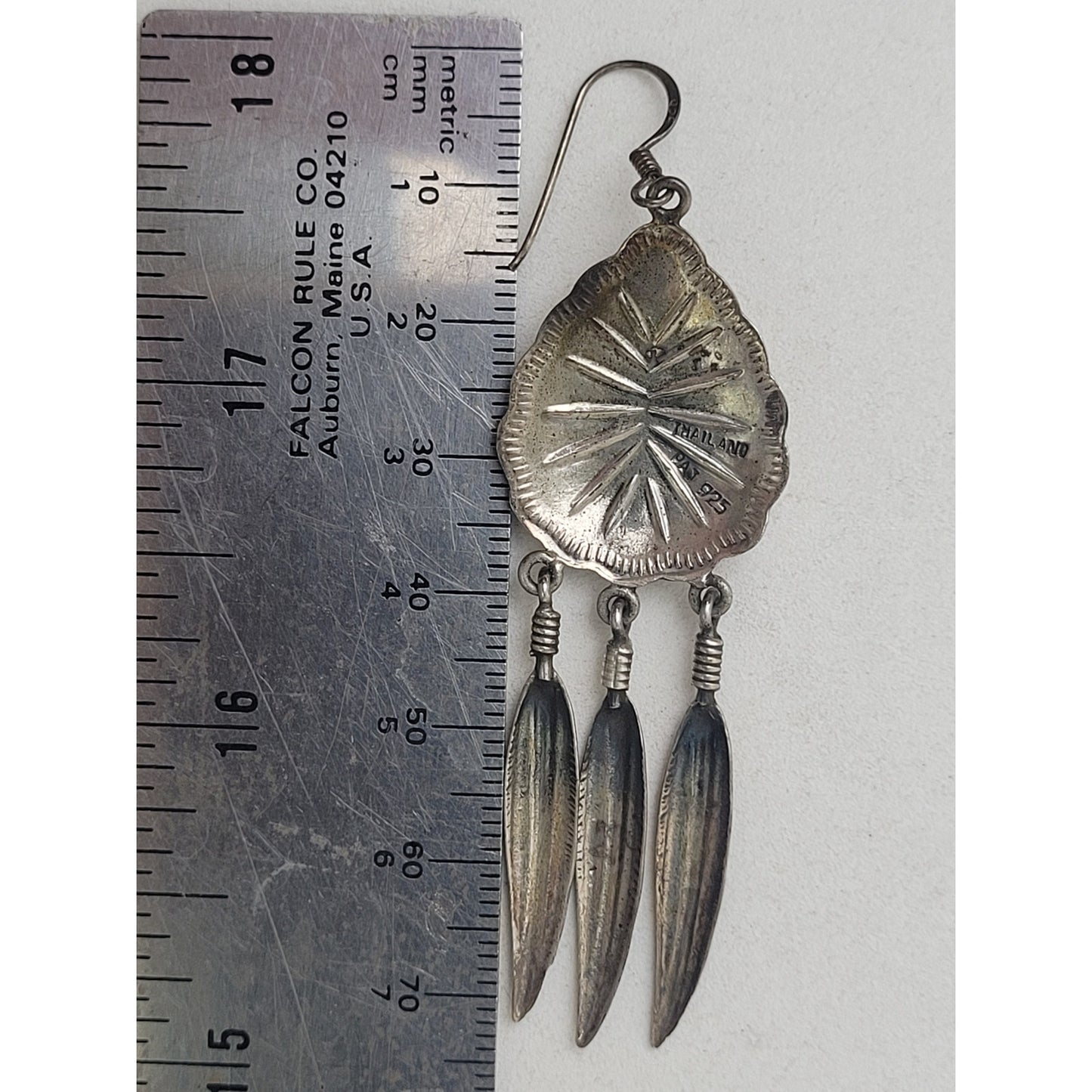 VTG Sterling Silver Southwestern Dangle Earrings Blue Stone Long Feather Charms
