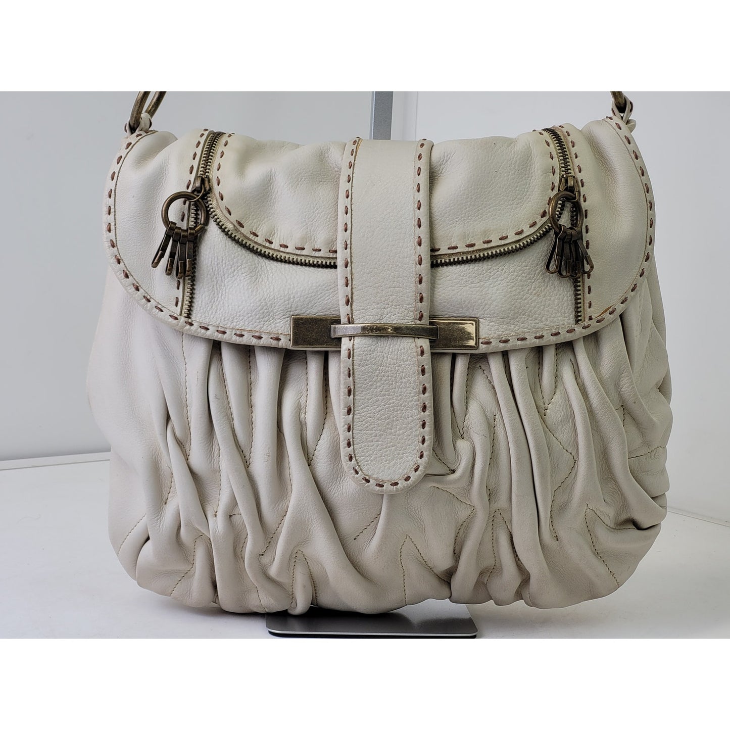 PER SE Designer Look Ivory Leather Hobo Medium Shoulder Bag