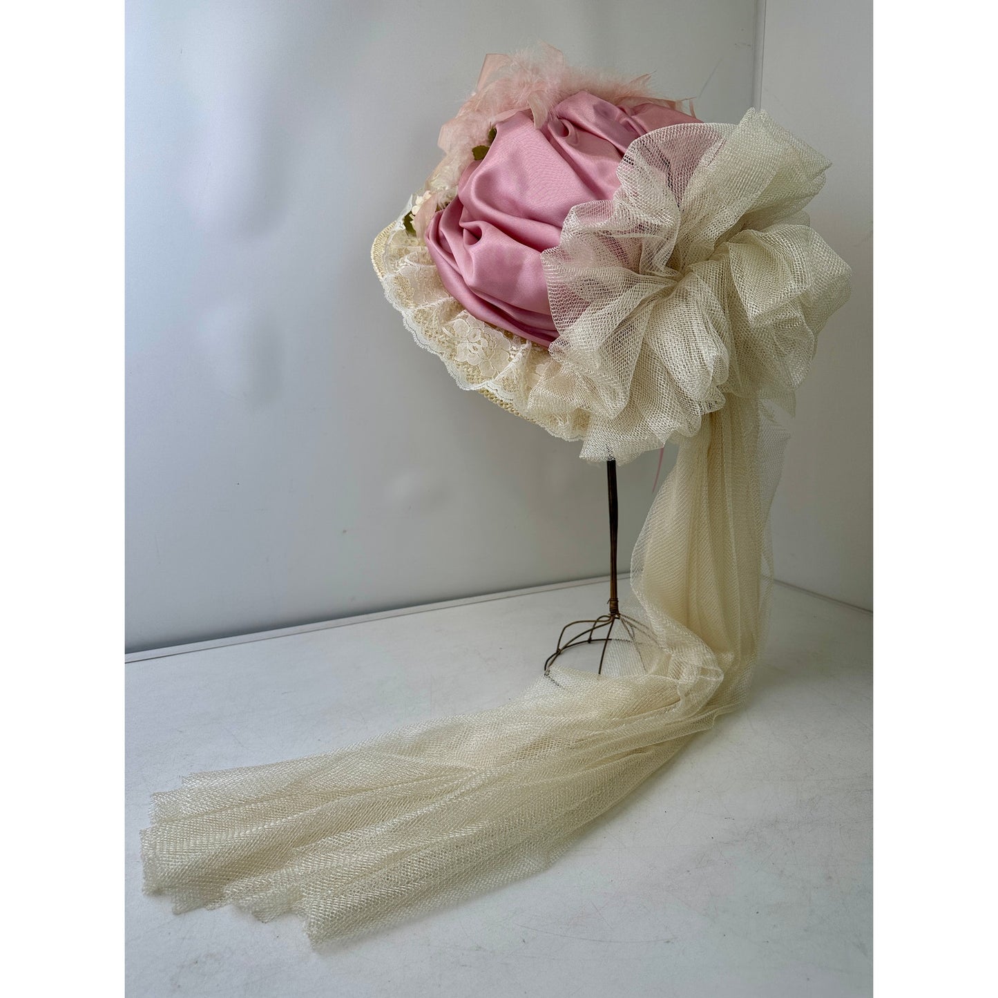 VTG Elsie Massey Originals Pink Floral Wide Brim Victorian Derby Hat