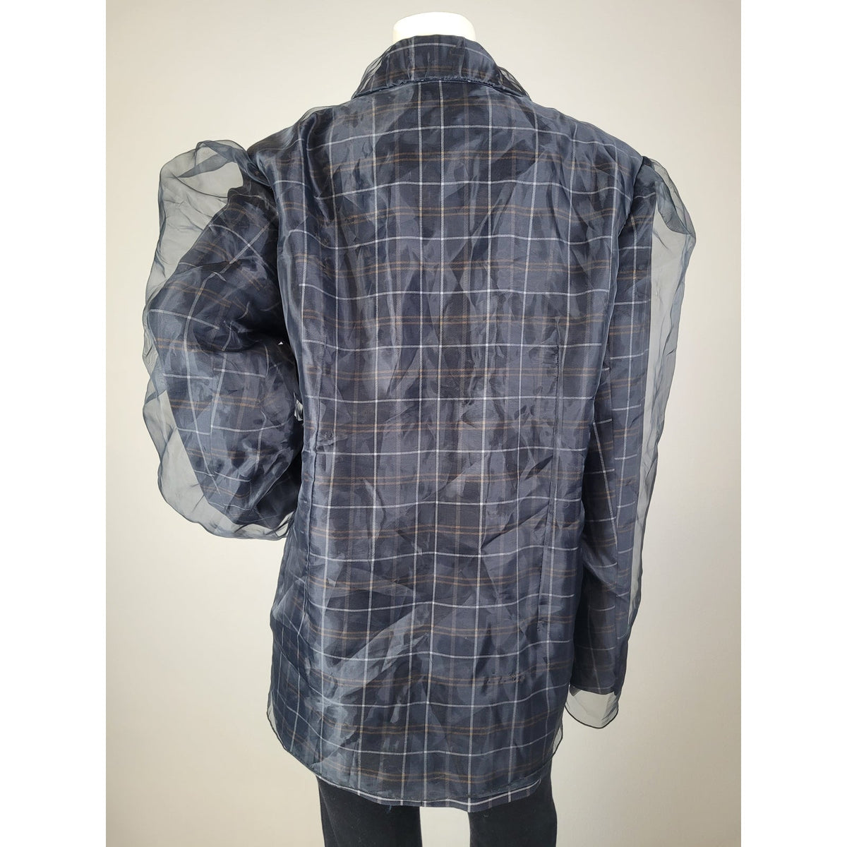 By Anthropologie Tulle Overlay Plaid Blazer Sheer Tulle Puff Sleeves Sz M