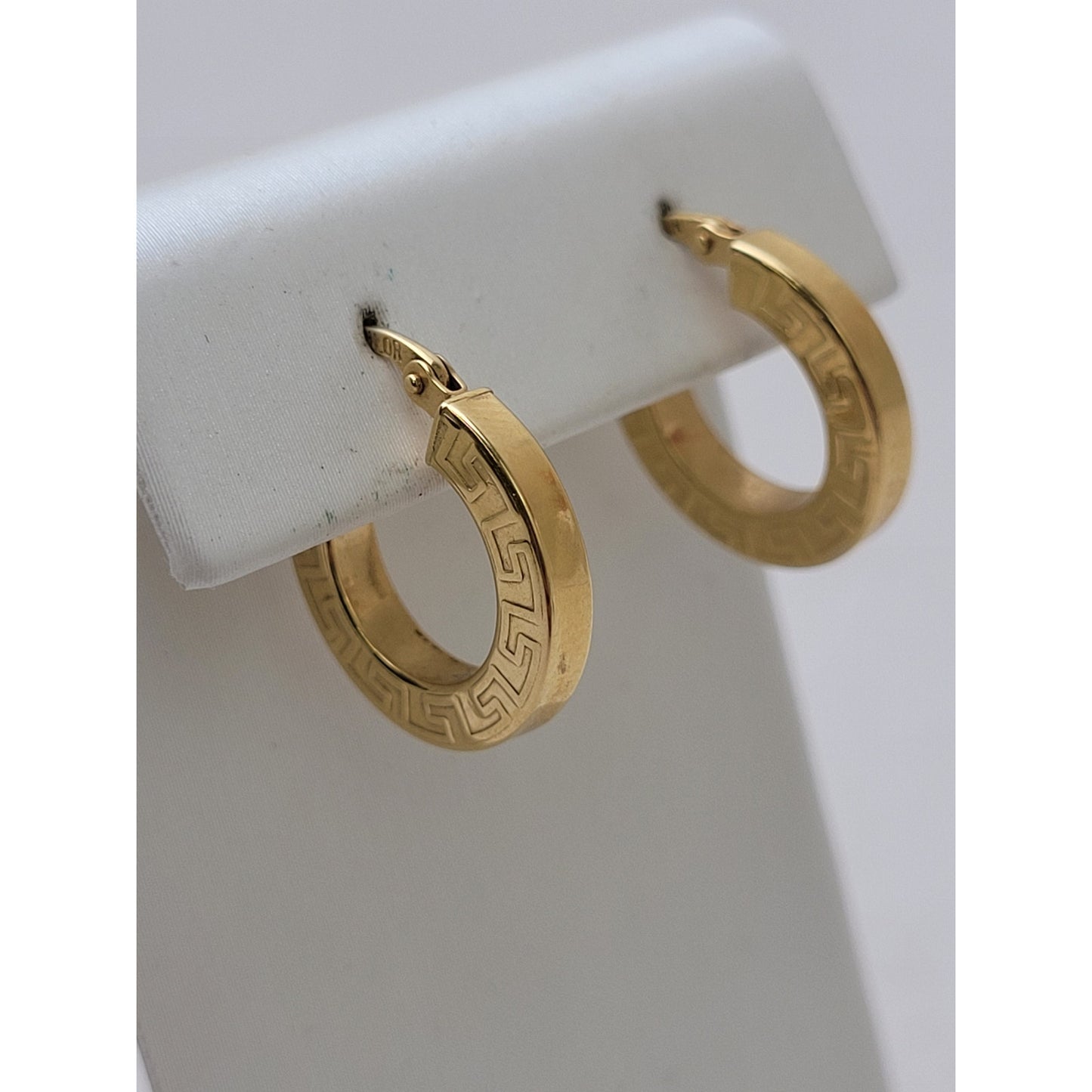 18K Yellow Gold Greek Key Huggie Hoop Earrings Made in Italy | 15mm | 1.61 Grams