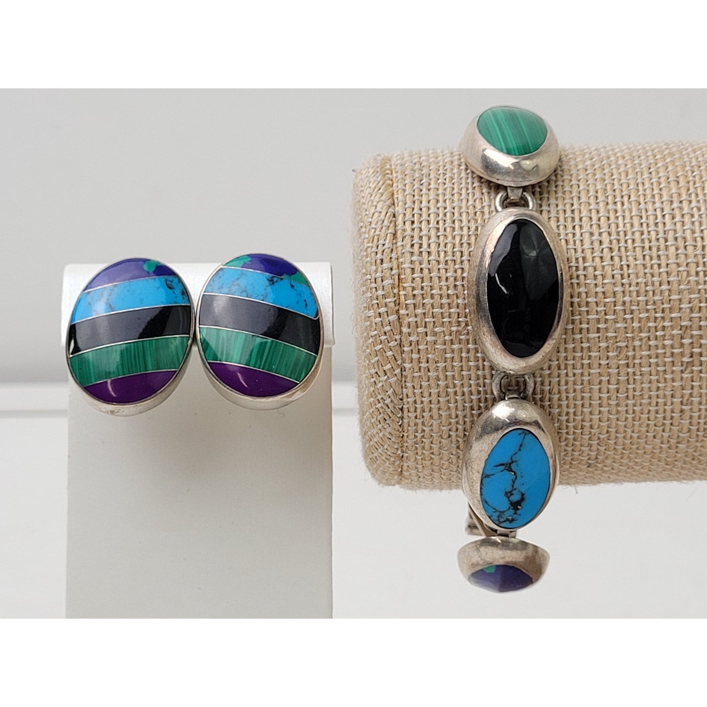 Vintage CII Mexican Sterling Silver Multi-Stone Inlay Bracelet & Earring Set