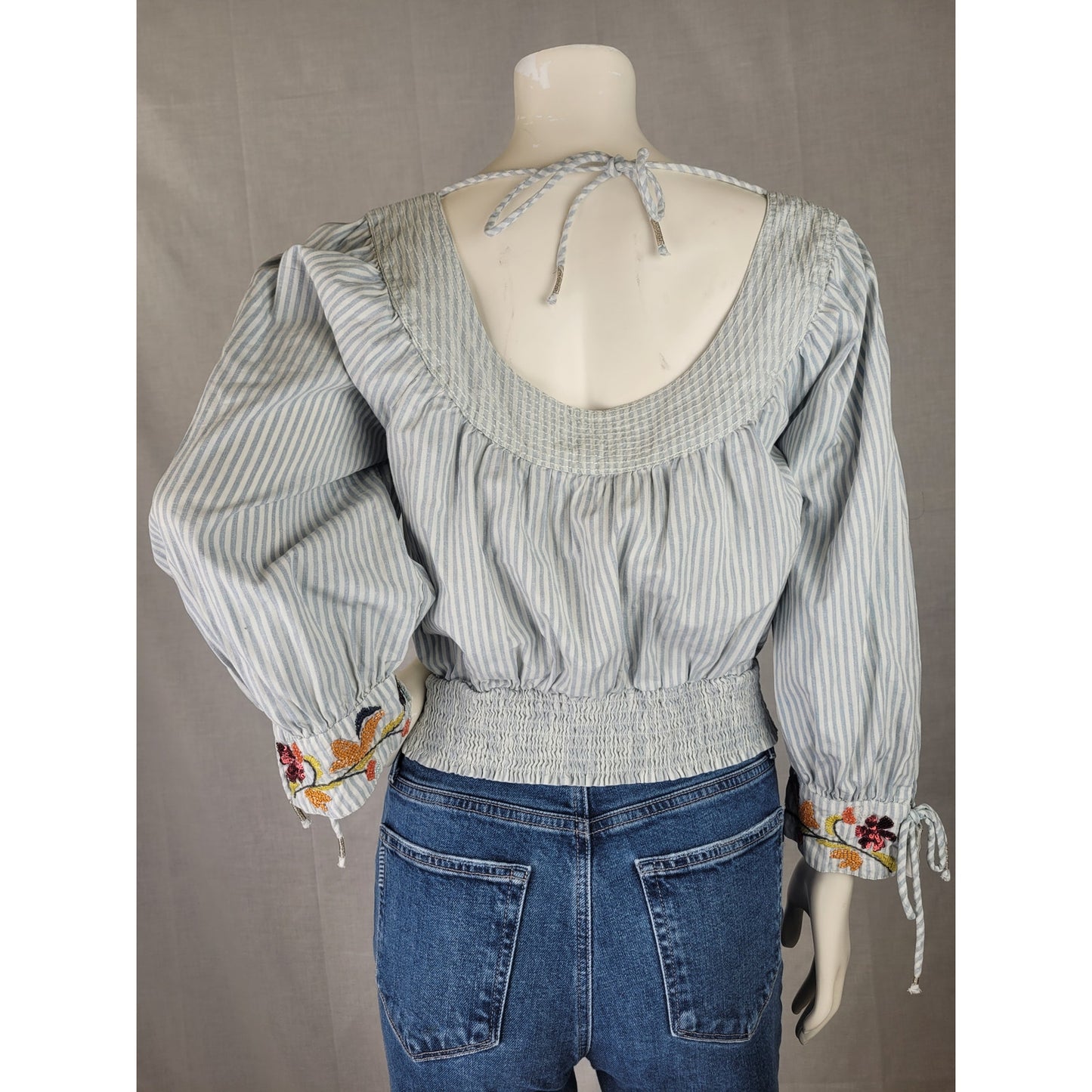 Anthropologie Beaded Bracelet Sleeved Peasant Blouse Blue & White Striped Sz S