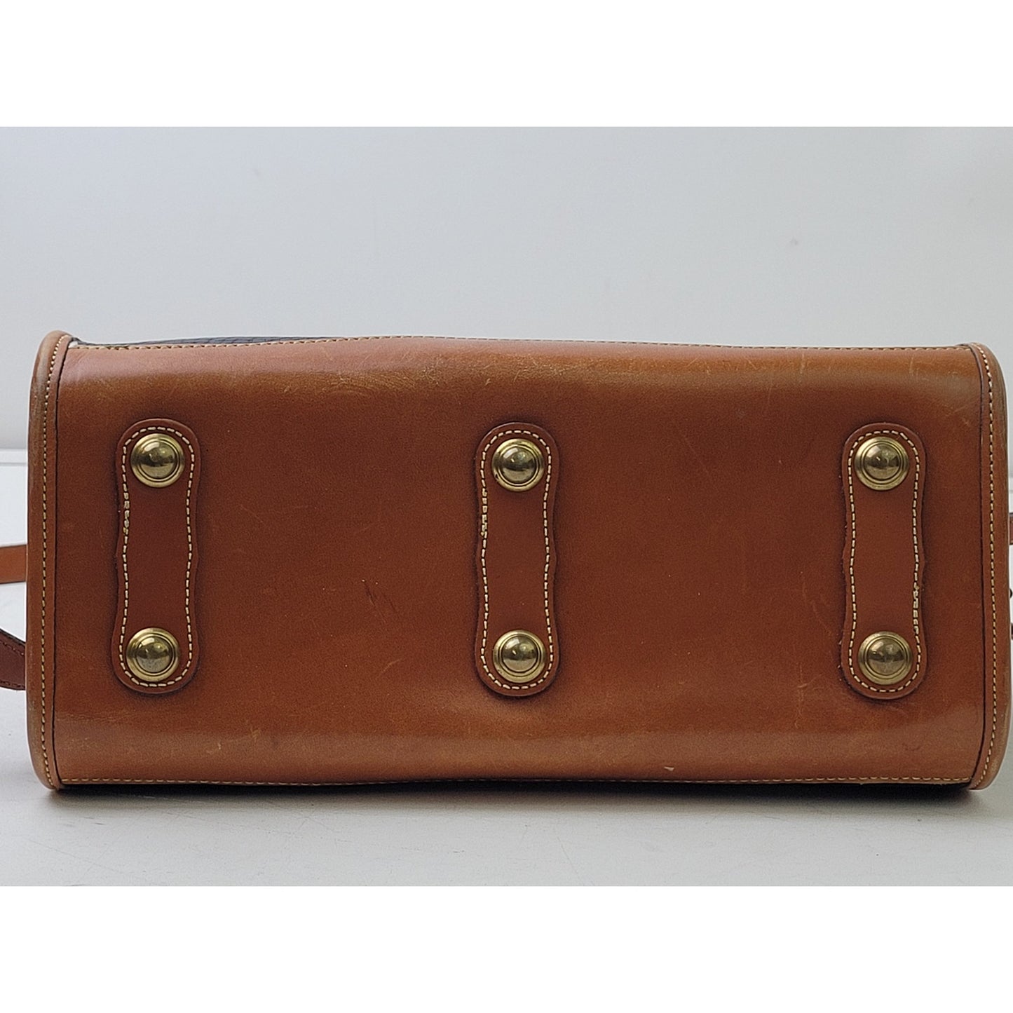 Vintage Dooney & Bourke All-Weather Leather Satchel Navy Blue, Tan, & Brass