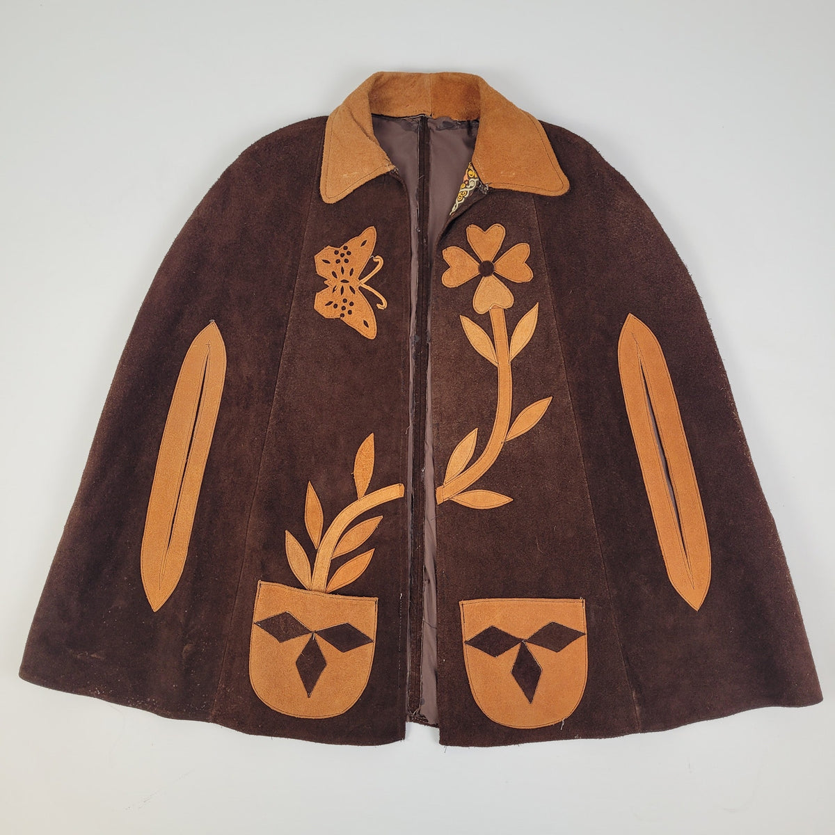 Vintage 1960s-70s Brown Suede Cape Poncho w Butterly & Flower Women's Sz XS/S
