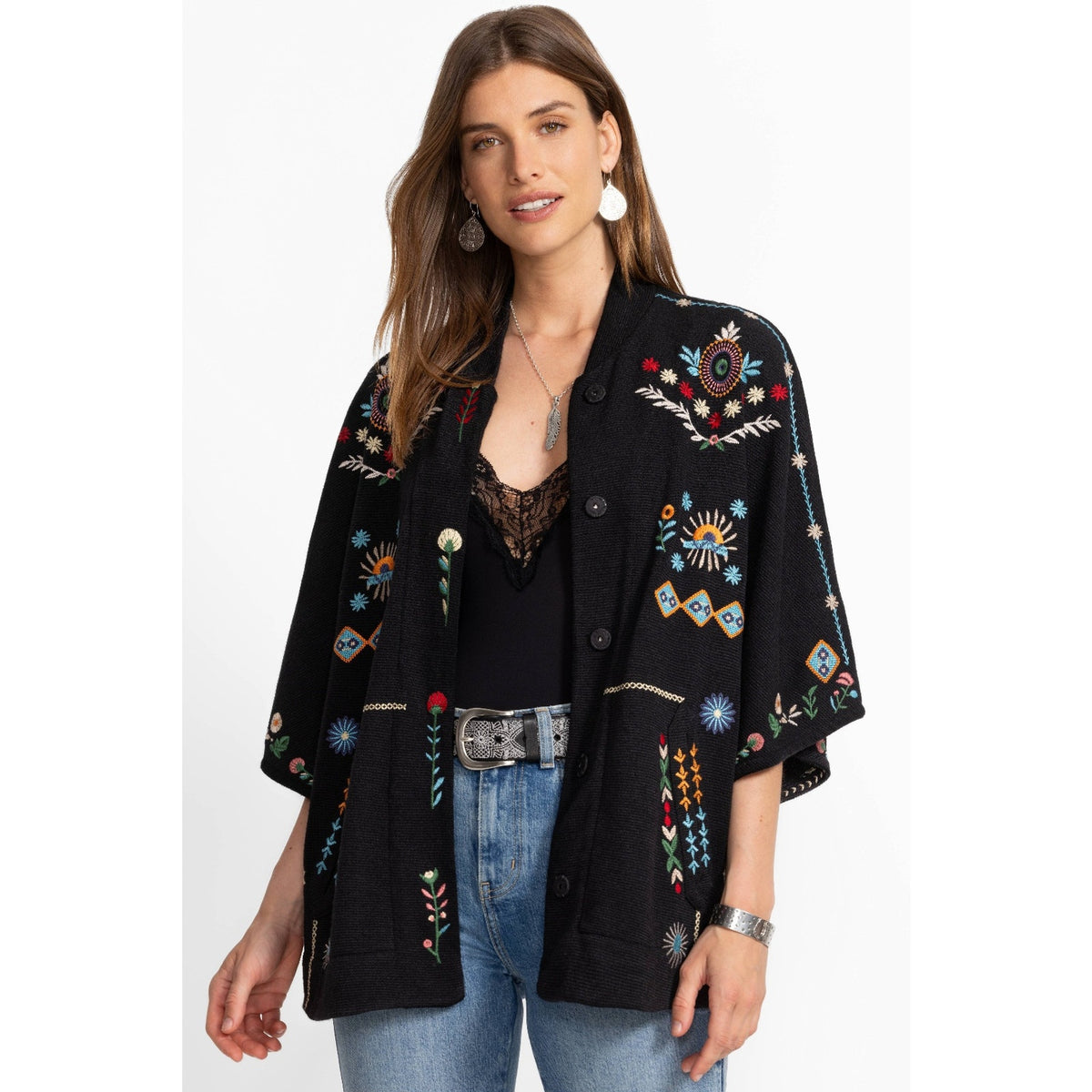Johnny Was Josiy Poncho w Multicolored Floral & Geometric Embroidery Sz S