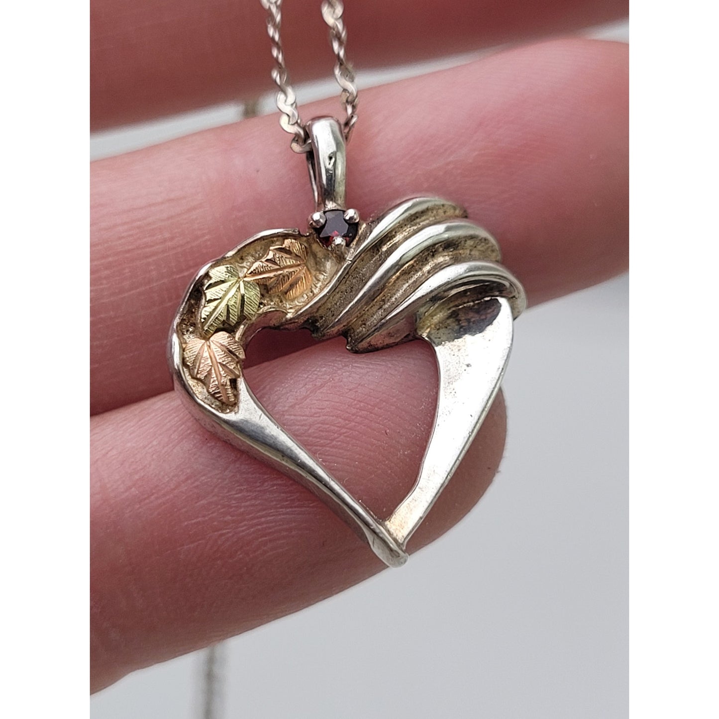 Vintage Garnet Black Hills Gold Sterling Silver Heart on 925 18" Chain