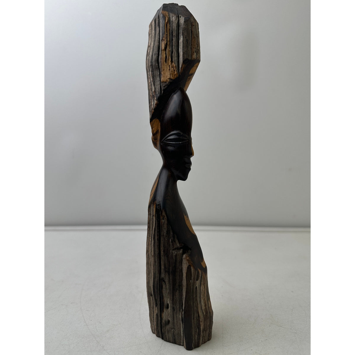Vintage Hand-Carved Zambian Ebony Wood Two-Tone Tribal Woman Sculpture