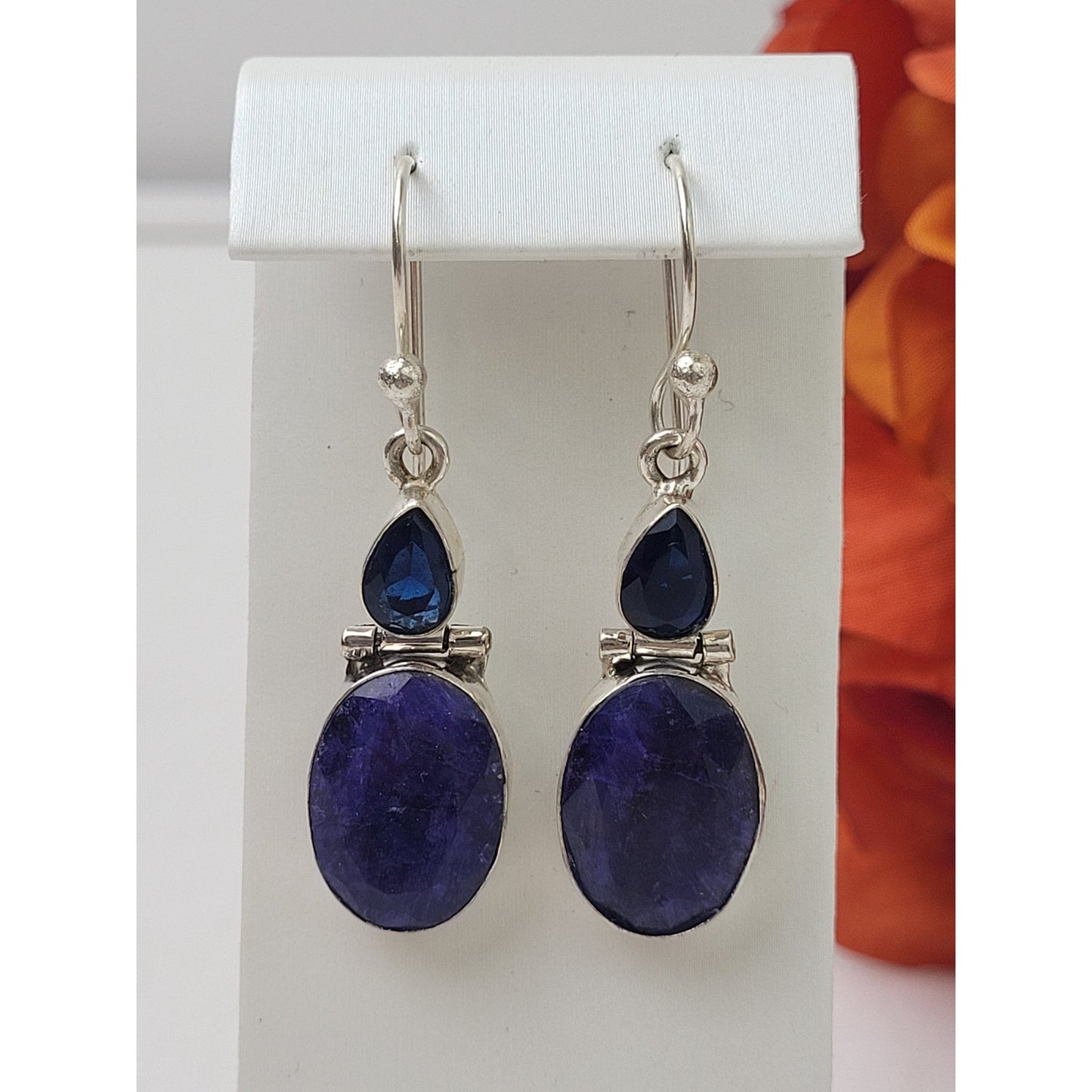 Sterling Silver Sapphire or Lapis & Navy Blue Stone Dangle Earrings 49mm Drop