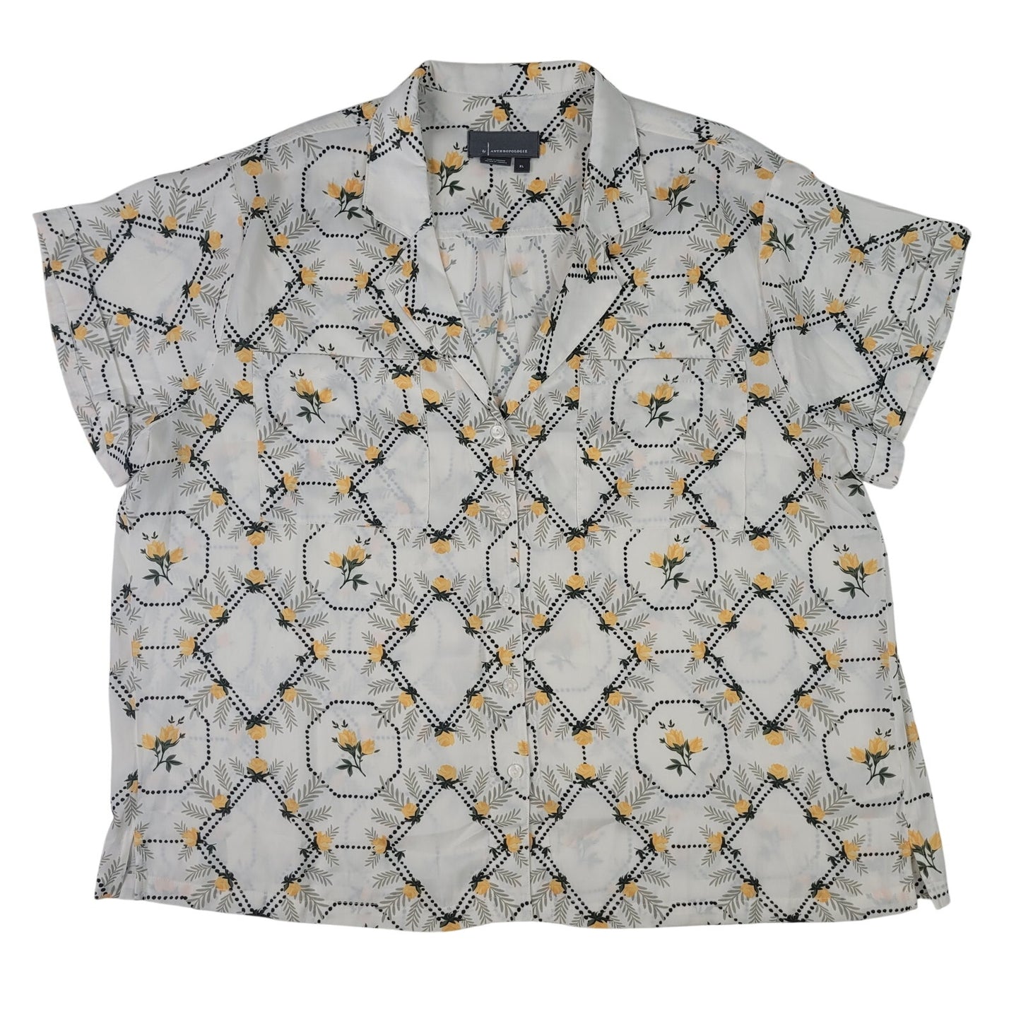 Anthropologie Brenna Short-Sleeved Button-Down Shirt Yellow Green White Sz XL
