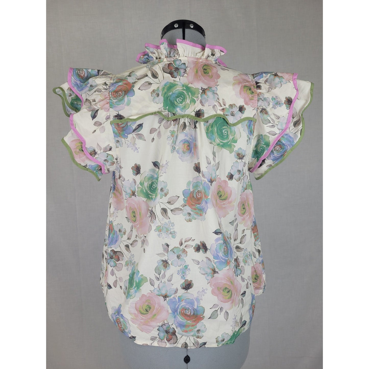 Anthropologie Entro Double Shoulder Ruffle Pastel Floral Print Shirt Sz M